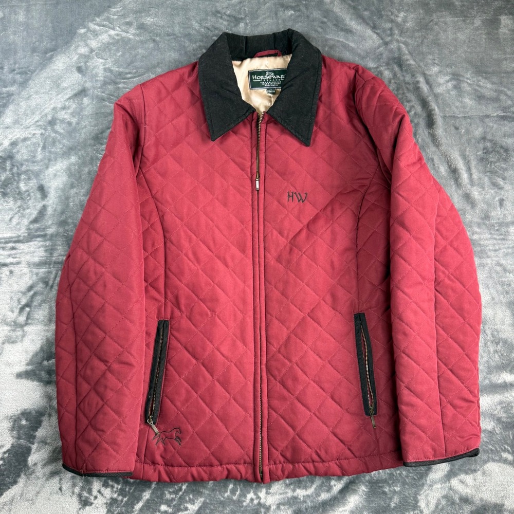 Horseware Ireland Quilted Jacket Medium Red Black Corduroy Collar Horse Detail